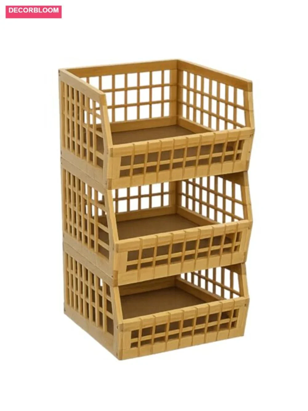 Large Bamboo Stackable Storage Bins Open Front Lattice Set of 3